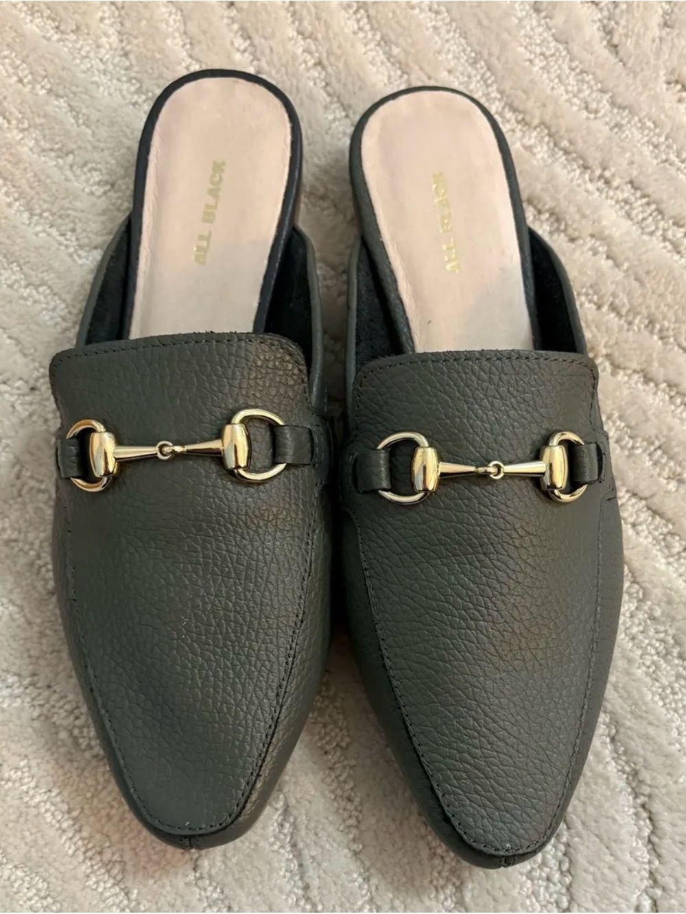 Black Pebbled Leather Slip-On Loafers with Gold Bit Detail